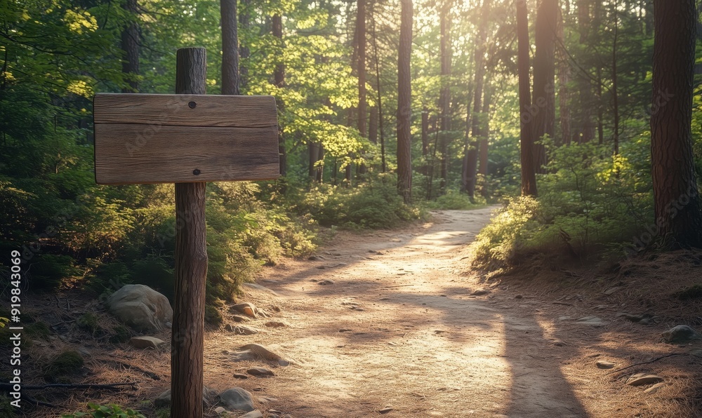 A sign is on a wooden post in a forest. The sign is empty and the forest is full of trees A sign is on a wooden post in a forest. The sign is empty and the forest is full of trees