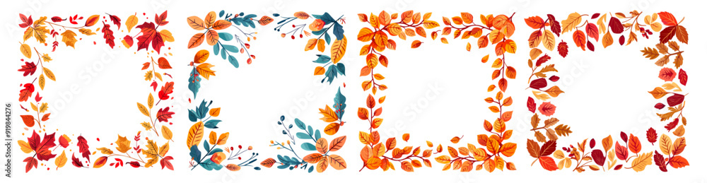 Autumn leaves frames. Fall foliage abstract frame, october maple leaf border falling leafs ornament copy space banner blank template for thanksgiving set vector illustration Autumn leaves frames. Fall foliage abstract frame, october maple leaf border falling leafs ornament copy space banner blank template for thanksgiving set vector illustration