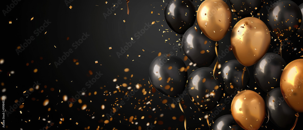 Black and gold balloons with confetti on dark backdrop. Black and gold balloons with confetti on dark backdrop.