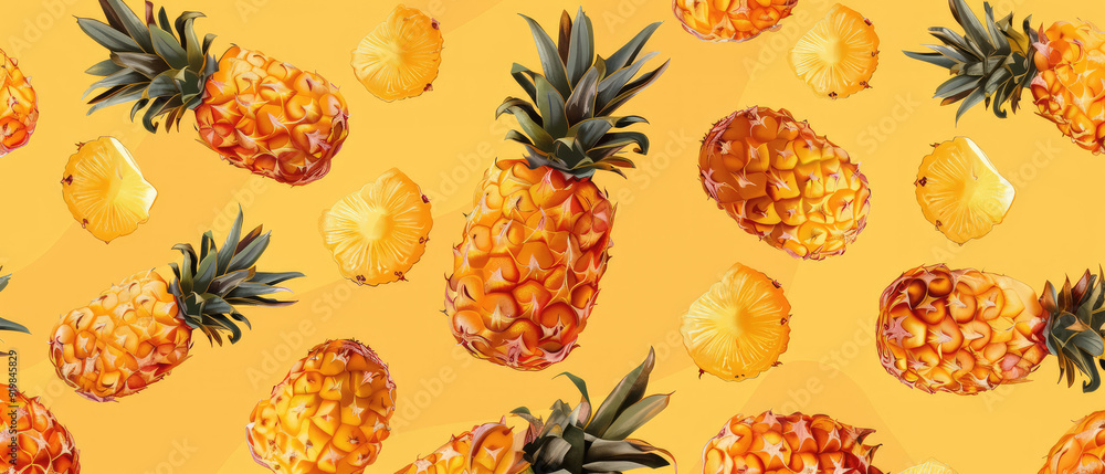 Vivid pineapples on bright yellow background pattern art Vivid pineapples on bright yellow background pattern art