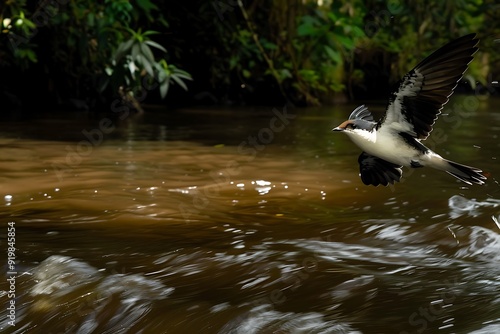 Whitewinged Swallow Tachycineta albiventer flying over an Amazonian river also called Andorinhadeasabranca photo