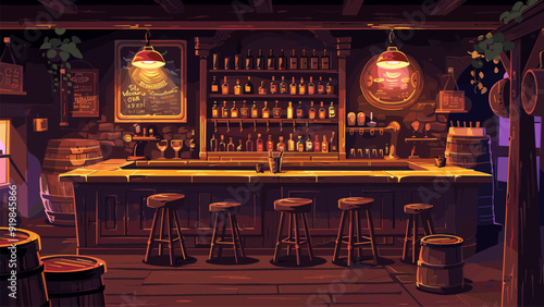 Bar interior background. Pub counter with alcohol drinks, vintage lamps chairs at wooden table wine beer whiskey dark night club cafe cartoon decoration vector illustration