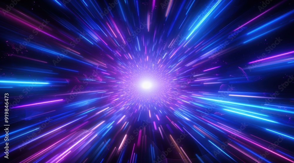 Abstract background in blue and purple neon glow colors. Speed of light in galaxy. Explosion in universe. Space background for event, party, carnival, celebration, anniversary or other. 3D rendering Abstract background in blue and purple neon glow colors. Speed of light in galaxy. Explosion in universe. Space background for event, party, carnival, celebration, anniversary or other. 3D rendering