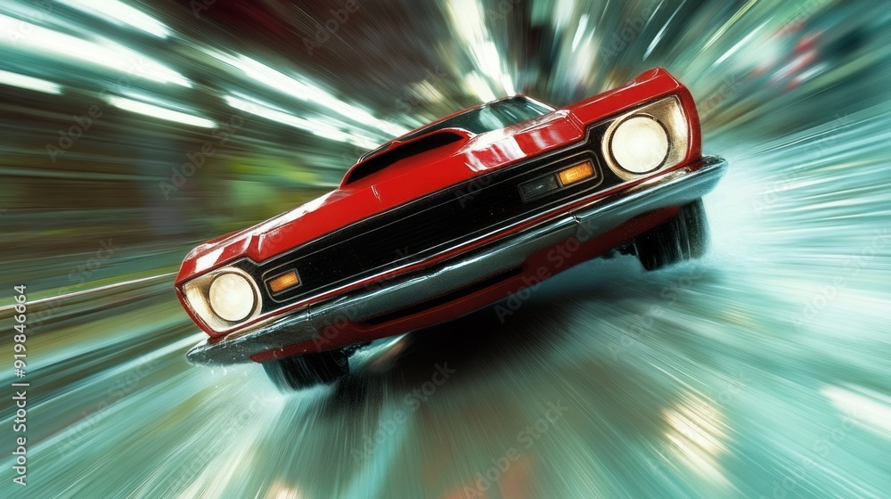 A red muscle car speeds through a neon-lit urban street at night, showcasing motion and power A red muscle car speeds through a neon-lit urban street at night, showcasing motion and power