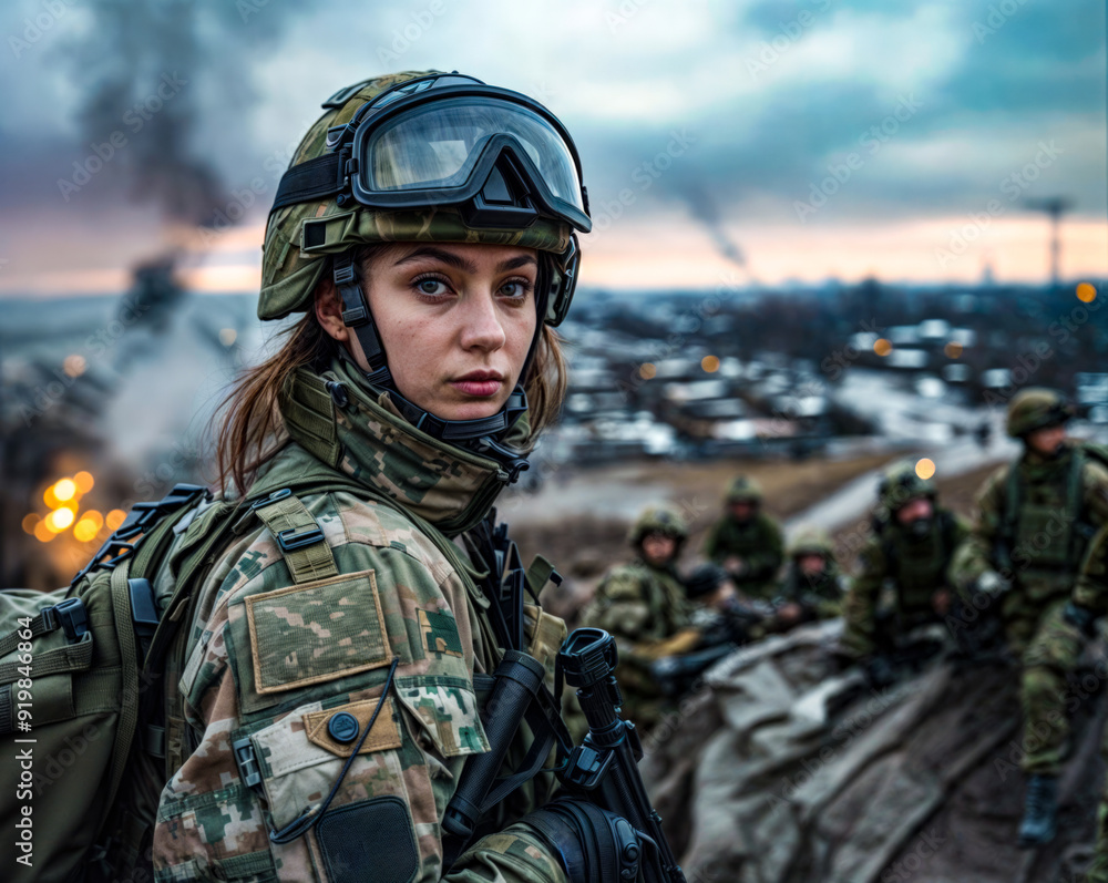 Woman wearing helmet and goggles standing in front of group of soldiers. Woman wearing helmet and goggles standing in front of group of soldiers.