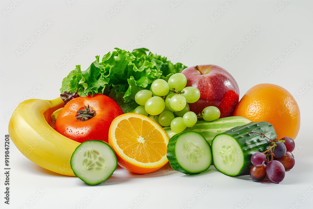 Assorted fresh fruits and vegetables on a white background. Assorted fresh fruits and vegetables on a white background.