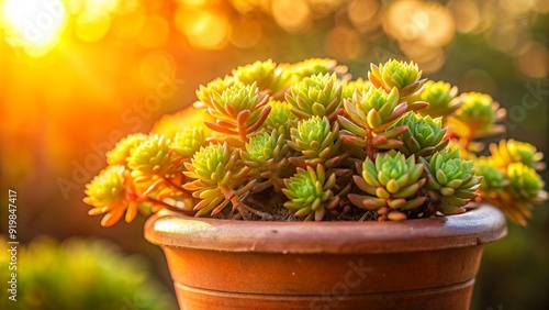 Warm glow close up of Sedum adolphii in a terracotta flowerpot during golden hour , succulent, plant, Sedum adolphii photo