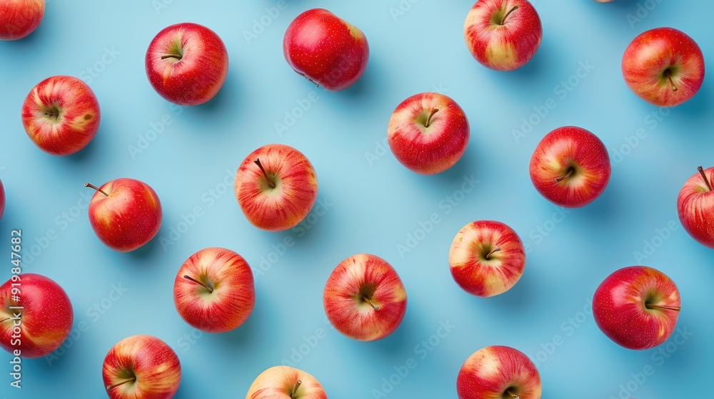 Top view of vibrant red apples pattern on blue background Top view of vibrant red apples pattern on blue background
