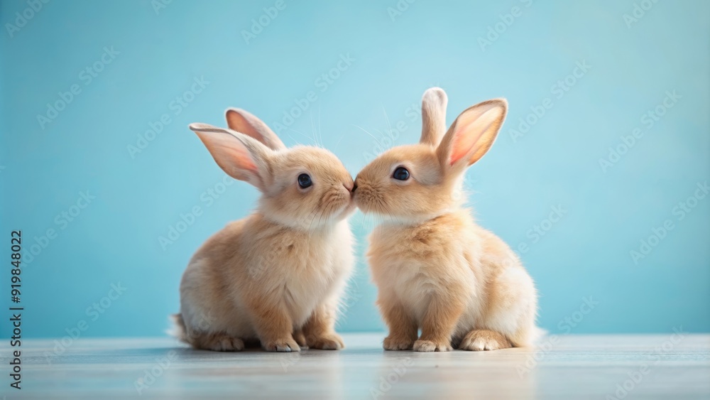 Obraz premium Two small cute easter bunnies kissing on a light blue background, Valentine's Day, holiday, love, romance, cuddle, affection