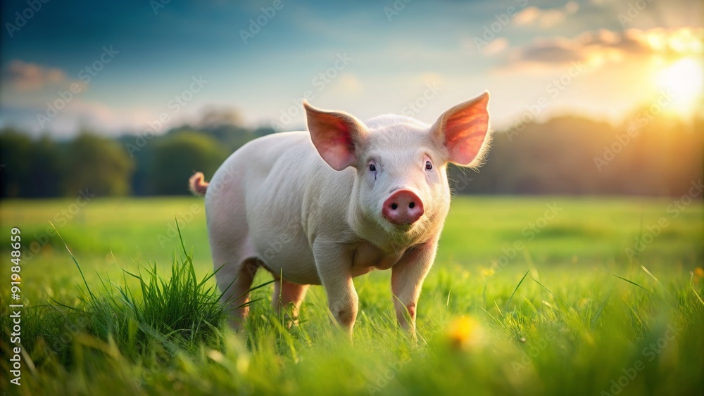 Pig happily grazing in a lush green field, farm, agriculture, livestock, animal, nature, rural, countryside, mammal Pig happily grazing in a lush green field, farm, agriculture, livestock, animal, nature, rural, countryside, mammal