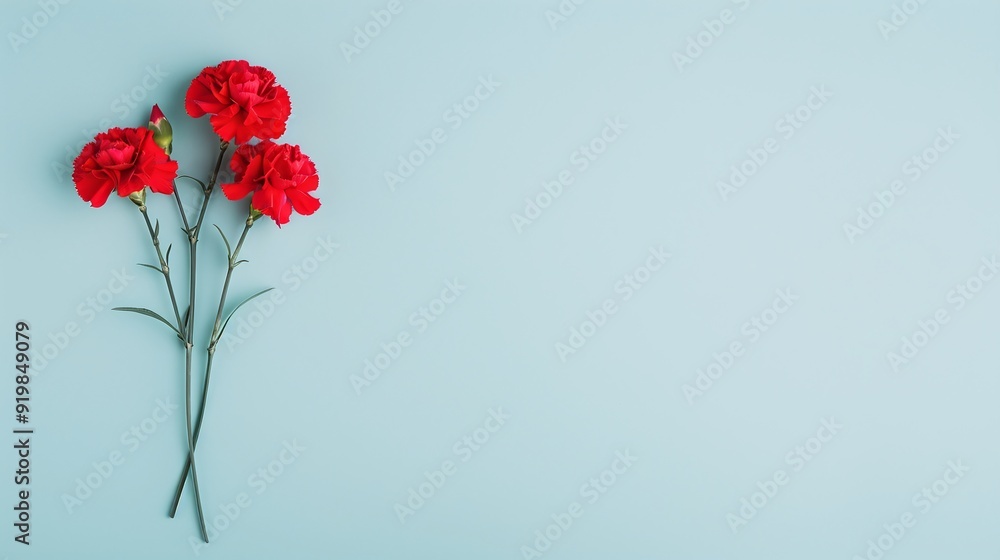 Obraz premium Red Carnations on Light Blue Background, Minimalistic Floral Design with Ample Copyspace, Perfect for Nature-Inspired Themes, Spring Decor, or Floral Art Projects.