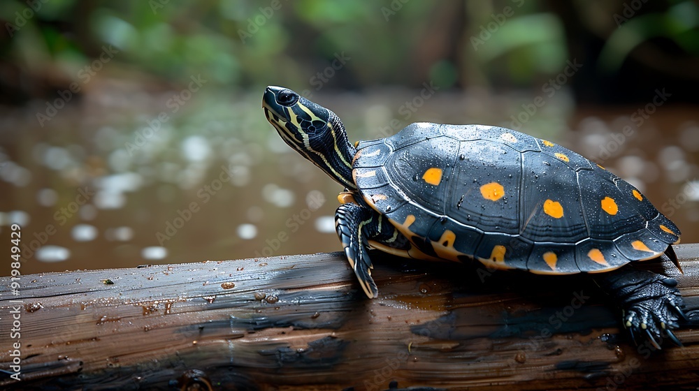 Yellowspotted River Turtle basking on a log in the Amazon River its ...