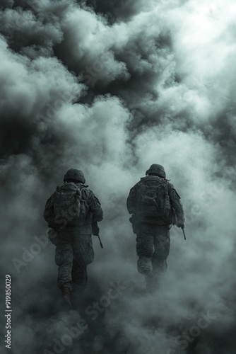 Two Soldiers Walking Through Cloudy Sky