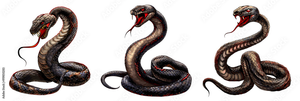 Black mamba snakes. Snake realistic drawing tattoo sketch concept, wild serpent dangerous poison reptile venomous viper creepy skin deadly fang creature vector illustration Black mamba snakes. Snake realistic drawing tattoo sketch concept, wild serpent dangerous poison reptile venomous viper creepy skin deadly fang creature vector illustration