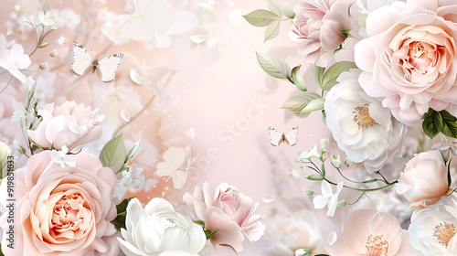 lovely floral arrangement with a white floral background and soft pink roses with butterflies