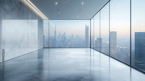 city lights at morning from the high building interior view. Empty space.