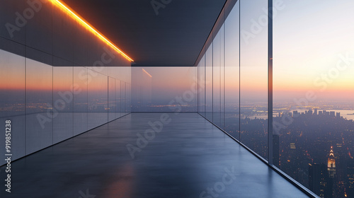 city lights at morning from the high building interior view. Empty space, big windows