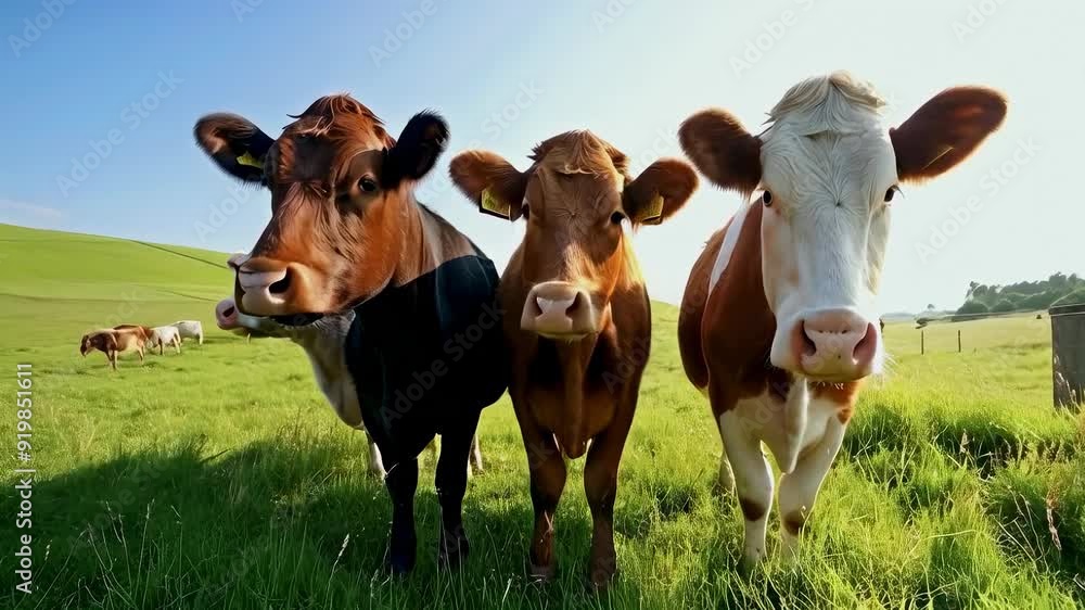 Three cows, a mix of brown and white, stand in a lush green field on a sunny day. The serene scene is set against rolling hills and a clear blue sky. The cows appear to be grazing peacefully, Three cows, a mix of brown and white, stand in a lush green field on a sunny day. The serene scene is set against rolling hills and a clear blue sky. The cows appear to be grazing peacefully,