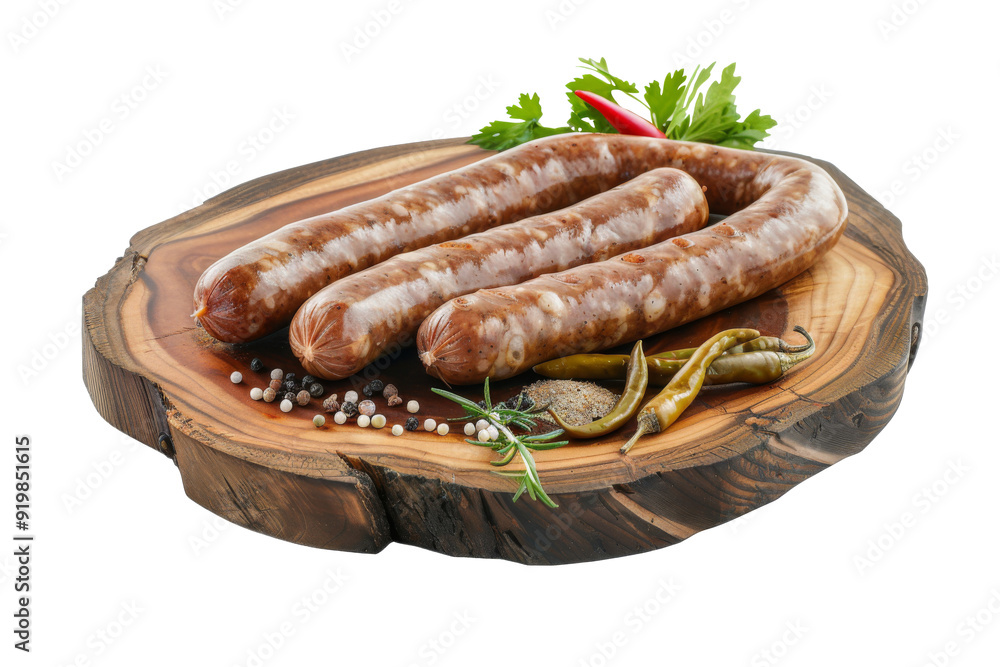 Close up Sausages on wooden plate with vegetables, herbs and spices isolated on background. Close up Sausages on wooden plate with vegetables, herbs and spices isolated on background.
