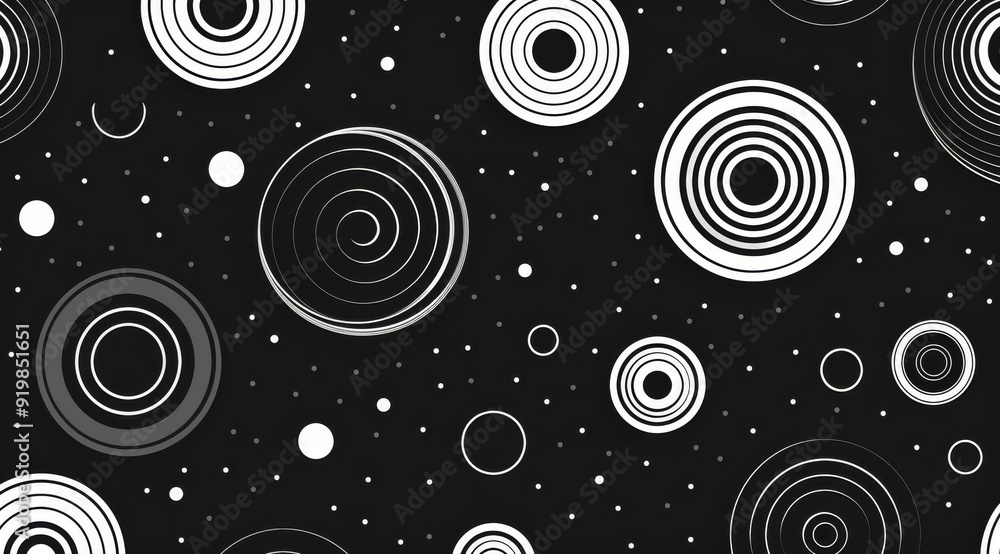 This is a stylish and striking abstract pattern featuring concentric circles set against a bold black background This is a stylish and striking abstract pattern featuring concentric circles set against a bold black background