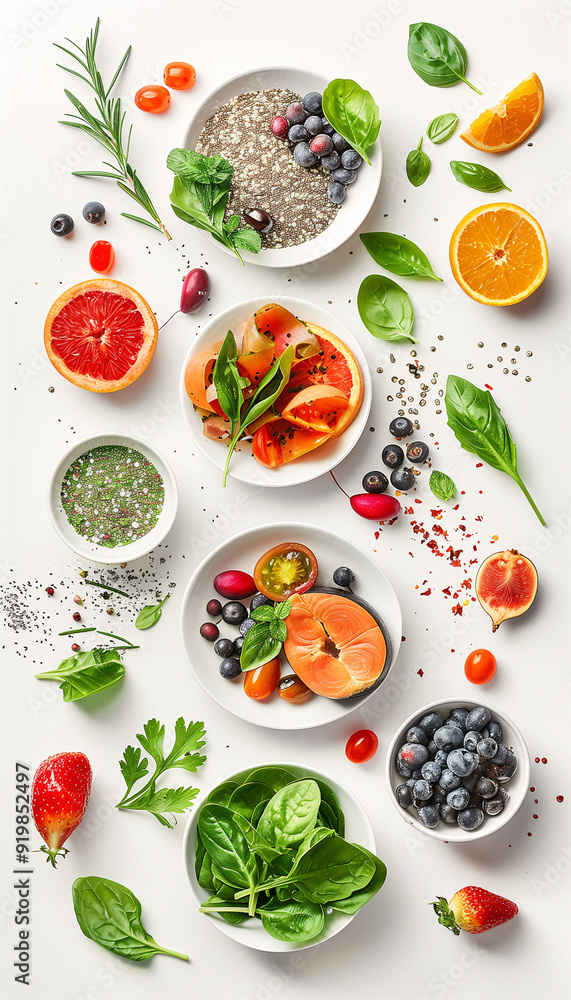 Healthy Food Arrangement with Fresh Ingredients on White Background - Top View Healthy Food Arrangement with Fresh Ingredients on White Background - Top View