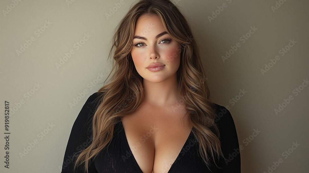 Fototapeta premium A beautiful plus-size woman with fair skin and long, straight hair wears a stylish black dress, standing on a neutral tan background with gentle shadows
