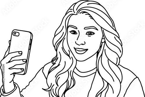 Outline Drawing of Woman Taking a Selfie with Smartphone
