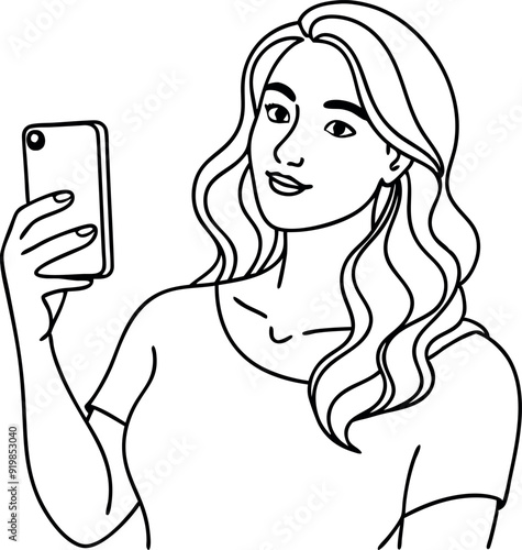 Woman Taking Selfie with Smartphone Line Art Illustration