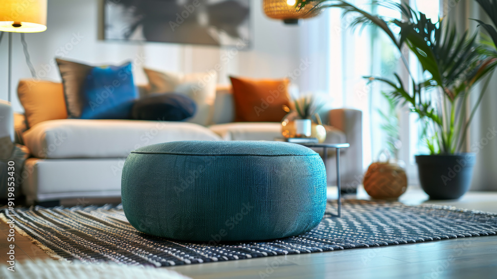 Modern living room with a blue ottoman and stylish decor. Modern living room with a blue ottoman and stylish decor.