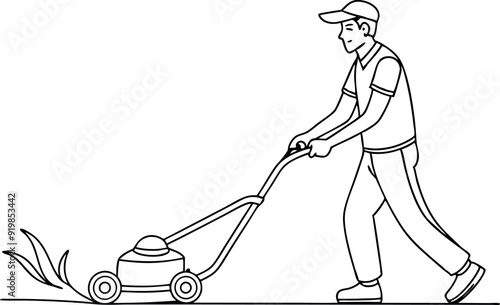 Man Mowing Lawn Using Push Mower Line Art Illustration
