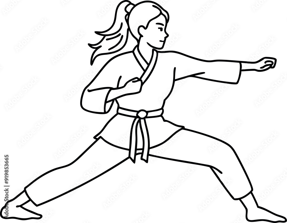 Fototapeta premium Line Art of Woman Practicing Martial Arts in Karate Pose