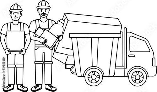 Two Workers Collecting Waste with Garbage Truck