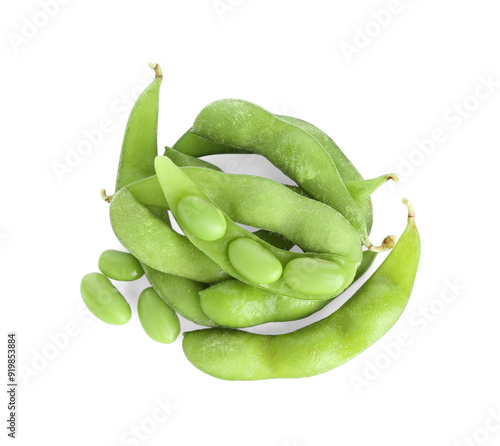 Raw green edamame soybeans and pods isolated on white, top view photo