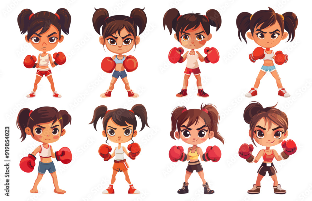 Boxing girls. Fight woman girl boxer in sport glove strong power female person athletic strength workout sportswear gym training cartoon characters set vector illustration Boxing girls. Fight woman girl boxer in sport glove strong power female person athletic strength workout sportswear gym training cartoon characters set vector illustration