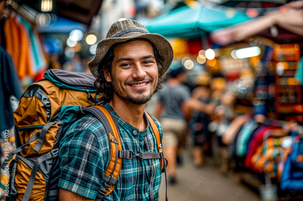 Man with backpack and backpack on his back smiling at the camera. Man with backpack and backpack on his back smiling at the camera.