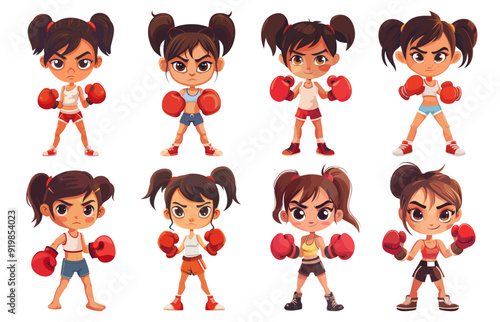 Boxing girls. Fight woman girl boxer in sport glove strong power female person athletic strength workout sportswear gym training cartoon characters set vector illustration