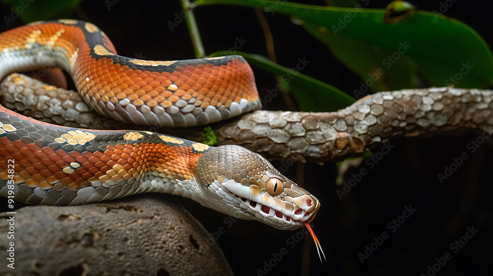 Fototapeta premium Amazonian Redtailed Boa Boa constrictor constrictor coiled around a tree branch in the Amazon rainforest locally known as Jiboiaderabovermelho