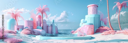 Surreal Geometric Sandcastles by the Tranquil Sea Under a Dreamy Sky