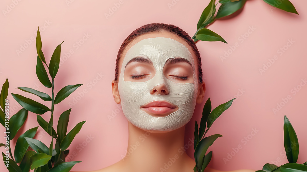 Rejuvenating Face Mask and Greenery, Embracing Natural Skincare on a Soft Pink Background Rejuvenating Face Mask and Greenery, Embracing Natural Skincare on a Soft Pink Background