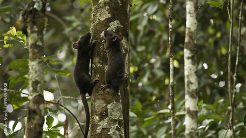 Amazonian Spiny Rat Proechimys climbing a tree in the Amazon rainforest known locally as Ratoespinhoso photo