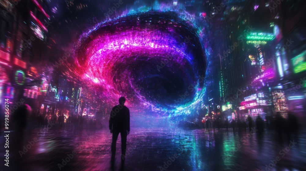 A person stands in a vibrant urban landscape, gazing at a swirling portal of colorful light at night A person stands in a vibrant urban landscape, gazing at a swirling portal of colorful light at night