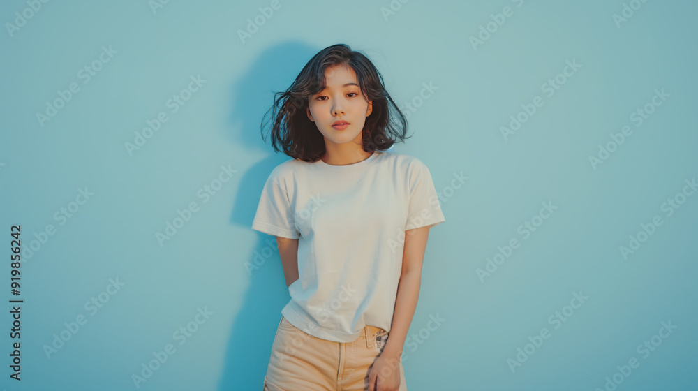 A woman is standing in front of a blue wall wearing a white shirt and tan shorts A woman is standing in front of a blue wall wearing a white shirt and tan shorts
