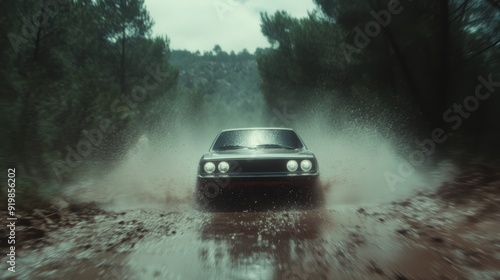 Car splashing through a muddy trail in a forest during a rainy day