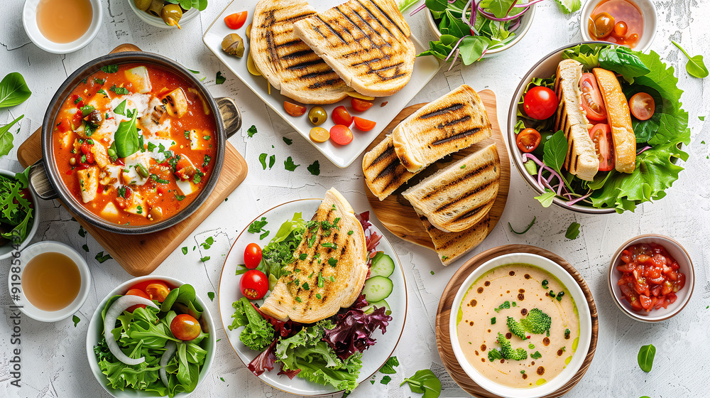 Gourmet meal with assorted dishes on a white table. Gourmet meal with assorted dishes on a white table.
