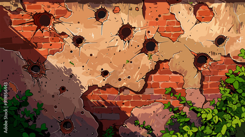 Brick wall bullet holes. Brickwall with bullets or shells hole, war destruction gun shot damage buildings rifle torn criminal military weapon cartoon background vector illustration