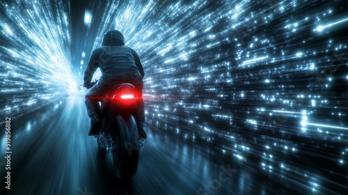 A motorcyclist speeds through a futuristic illuminated tunnel at twilight photo