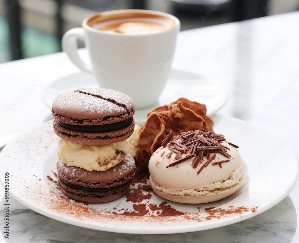 Ceramic cup of coffee with macarons as a breakfast dessert sweet. Ceramic cup of coffee with macarons as a breakfast dessert sweet.