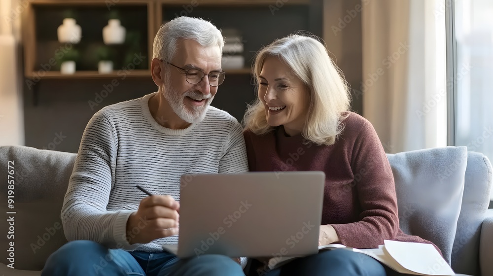 Elderly couple sitting on a couch using a laptop and a tablet in a cozy living room Elderly couple sitting on a couch using a laptop and a tablet in a cozy living room