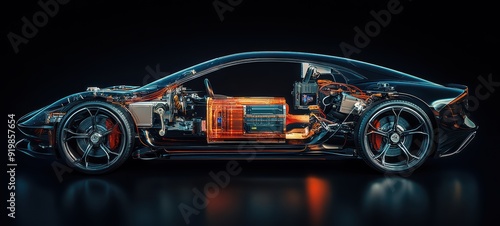 Electric car cross-section showcasing internal components such as the battery pack, electric motors, and intricate wiring