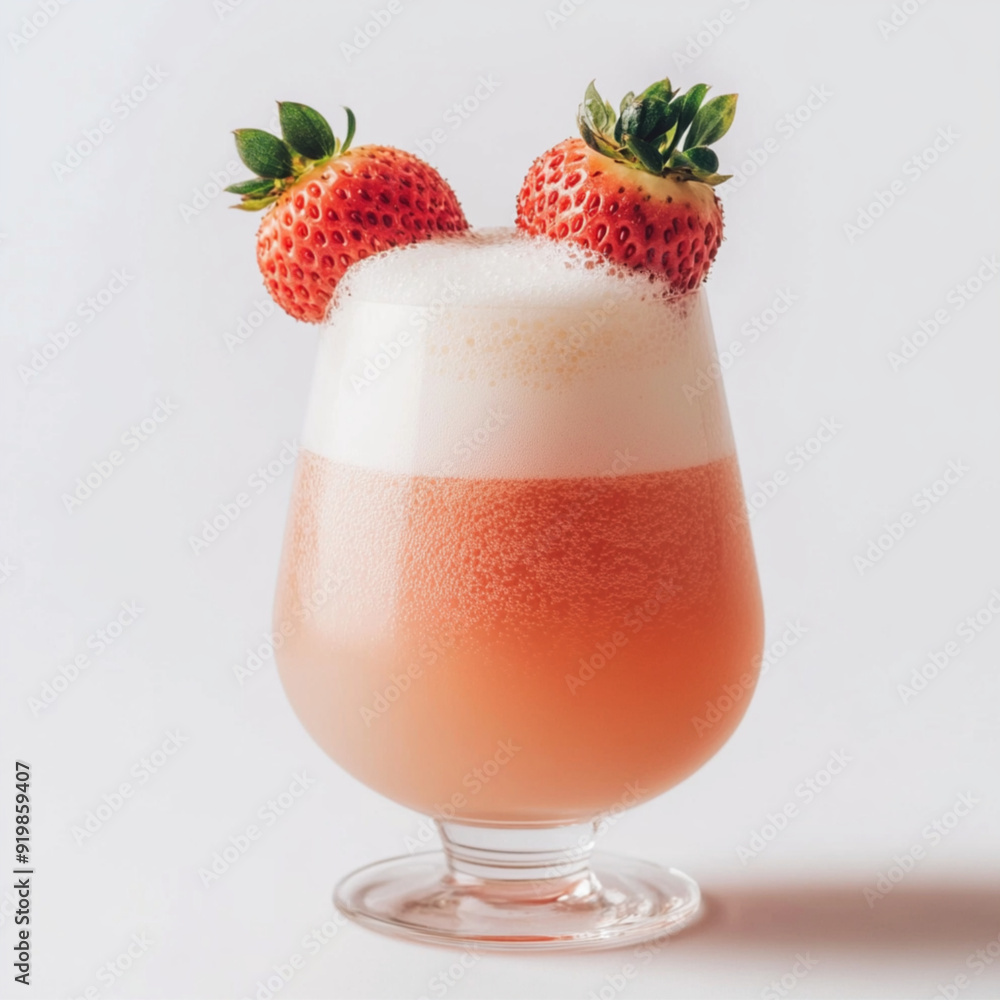 a strawberry coconut fizz in a clear glass, with a soft pink color. with a few strawberries on the rim and a light foam on top, on a white background. a strawberry coconut fizz in a clear glass, with a soft pink color. with a few strawberries on the rim and a light foam on top, on a white background.